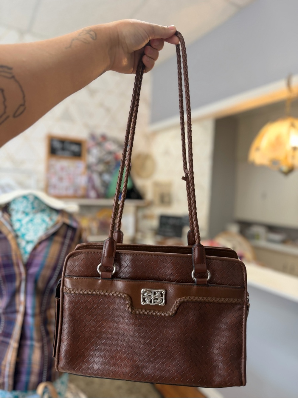 Brown Woven Leather Messenger Bag with Braided Strap